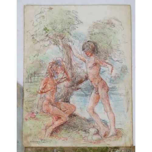 141 - Follower of Henry Scott Tuke, Mixed media on paper x 3, 3 naked boys and girls. The largest 15 1/2 x... 