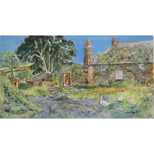 143 - Indistinctly signed XX Cornish School, A pair of oil on boards, Stone cottages & Ducks before a ston... 