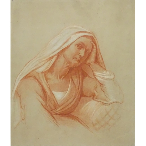 2 - XVIII / XIX Old Master School, Conte Chalks on typical (lined) paper, Woman holding her head. 15 1/8... 