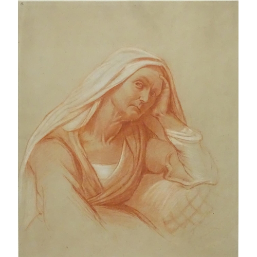 2 - XVIII / XIX Old Master School, Conte Chalks on typical (lined) paper, Woman holding her head. 15 1/8... 