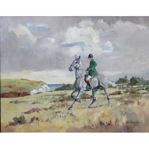 37 - Eric J Goddard 1977, Oil on board,  Hunting,  The Beaufort Hunt Whipper-In spots a fox near the clif... 