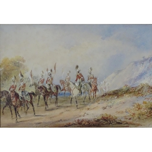 49 - XIX Military School, Pencil, Watercolour with highlights, Cavalry riding through mountain path. 7 1/... 