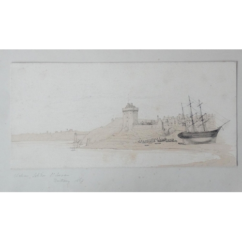 52 - S.G Paget 1863, Pencil and wash, ' St Servan , Brittany ' Ship and boats on the shore, Signed and ti... 