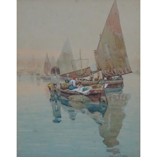 60 - J Powell ?, Circa 1900, Venetian School, Watercolour and gouache, Fisherman moored in Venetian lagoo... 