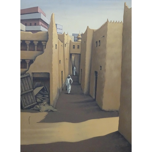 71 - Malin 1977  Arab School, Oil on canvas, Figures walking down a valley in the old part of a sandstone... 