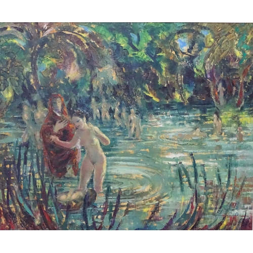 76 - Gertrude ( Gila ) Holt (1910-2004) British - Israeli,  Oil on canvas,  Maidens bathing in river,  Si... 