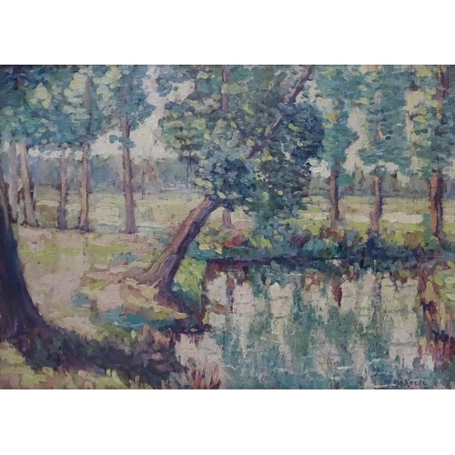 78 - Indistinctly Signed,  Continental Impressionist School,  Oil on canvas, Poplar trees beside a river,... 