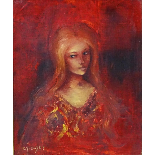 8 - R J Bizet (XX) French Oil on canvas Portrait of red head girl Signed lower left and verso labelled u... 