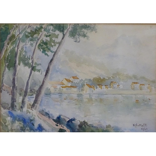 80 - H Nuttall 1921, Topographical watercolour,  ' Cap Martin ' France , from across a bay, Signed and da... 