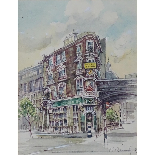 81 - M Ainalgal ? XX Continental,  Watercolour, The 'Black Friar ' pub , Blackfriars , London,  Signed lo... 