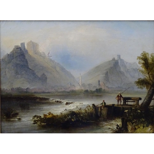 84 - XVIII -XIX German School, Oil on canvas, Fishing besides a town built near the weir, Upper Middle Rh... 