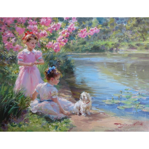 99 - Konstantin Razumov (b. 1974), Russian.  Oil on canvas, ''Near the water'', Young girls and dog besid... 