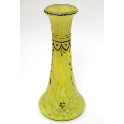 103 - Auguste Legras: an Art Deco signed yellow marbled vase, with ground pontil scar and applied decorati... 