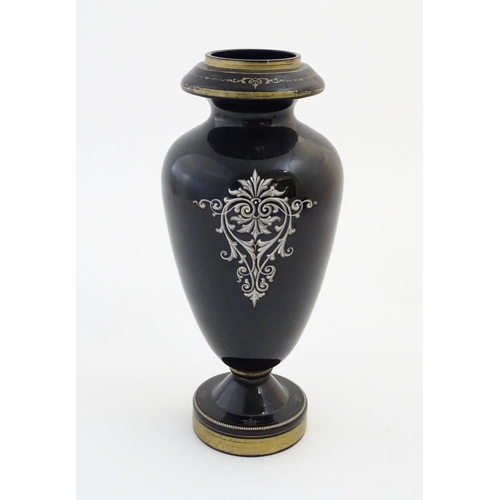 107 - A black memorial glass vase decorated with a portrait of a high ranking German officer / military ge... 