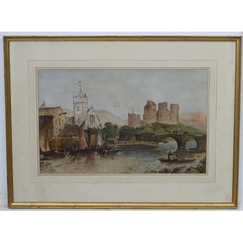 1149 - Charles Mcarthur, XIX-XX,  Watercolour with Gum Arabic,  River passing a old castle ruins with bridg... 