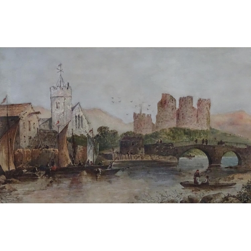 1149 - Charles Mcarthur, XIX-XX,  Watercolour with Gum Arabic,  River passing a old castle ruins with bridg... 