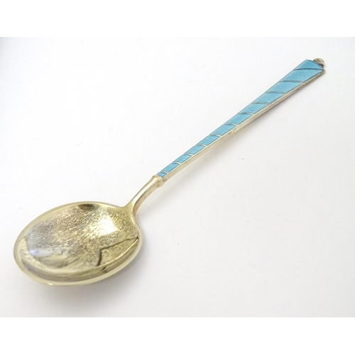 136 - Scandinavian Silver : A cased set of 6 Danish silver gilt spoons with guilloche enamel decoration to... 