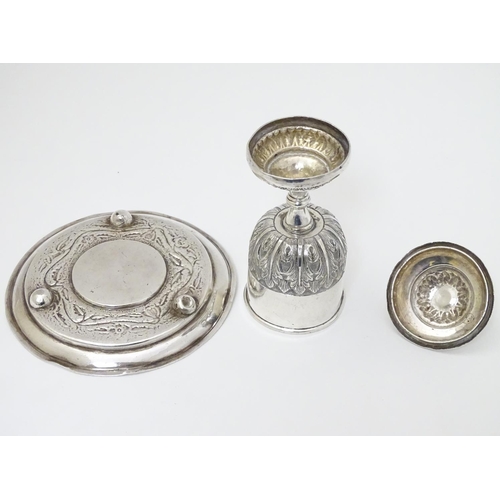 151 - A white metal chalice and cover 5'' high  together with a paten 5 1/4'' diameter (2)