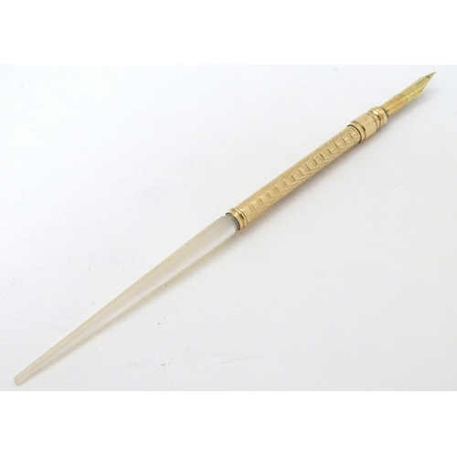 154 - A gilt metal dipping pen with mother of pearl handle. Cased 6 1/2'' long