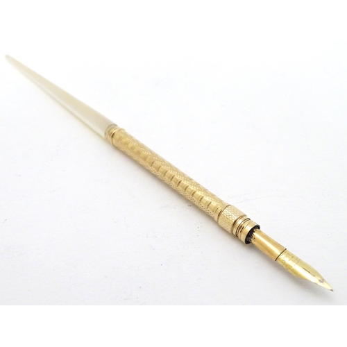 154 - A gilt metal dipping pen with mother of pearl handle. Cased 6 1/2'' long