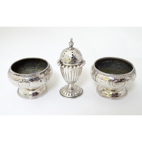 261 - A silver plate pepperette together with a pair of salts.