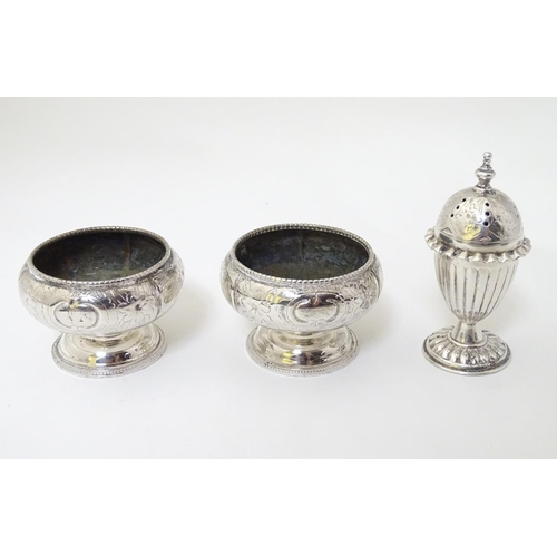 261 - A silver plate pepperette together with a pair of salts.