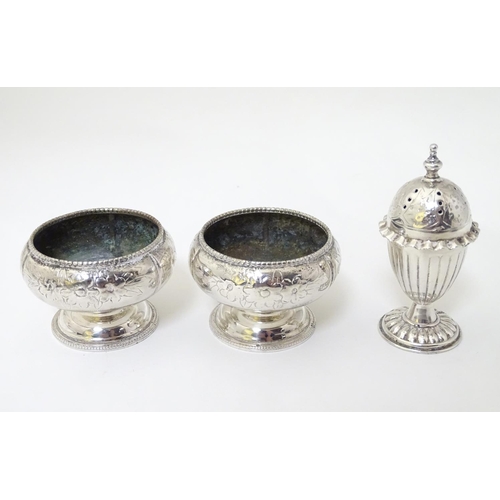 261 - A silver plate pepperette together with a pair of salts.