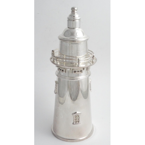 269 - A novelty silver plate cocktail shaker formed as a lighthouse. 21stC  14'' high