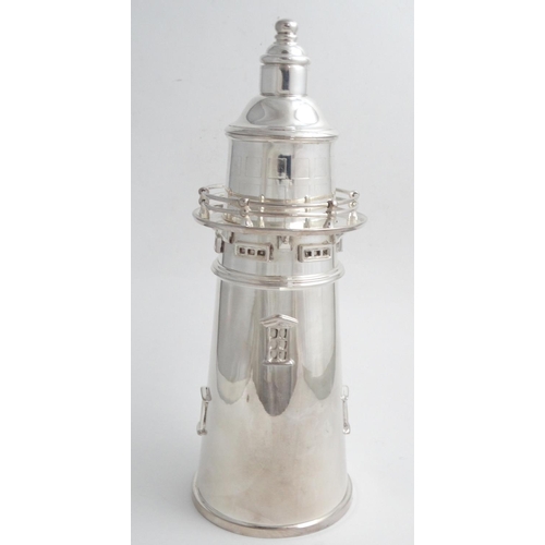 269 - A novelty silver plate cocktail shaker formed as a lighthouse. 21stC  14'' high