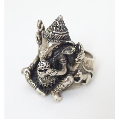 292 - A silver ring depicting the Indian / Hindu elephant headed god, Ganesha.