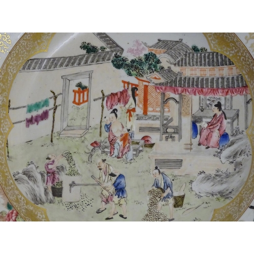 3 - A large Chinese bowl with hand painted scenes of rural life, including a mother and child, figures f... 