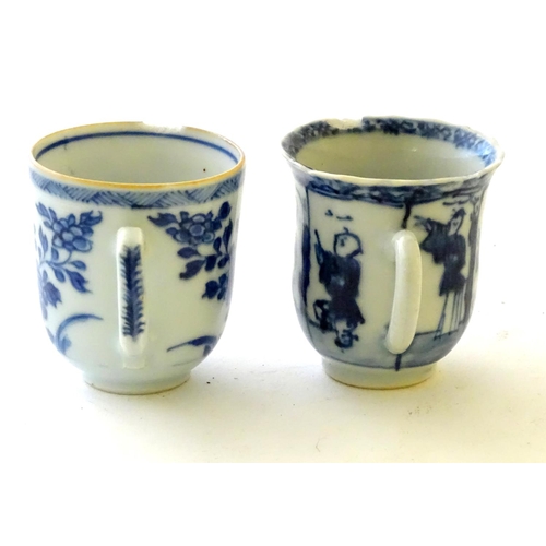 33 - Two Chinese blue and white teacups, one decorated with flowers and foliage, the other with figures. ... 