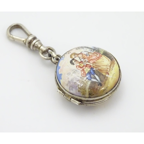 335 - A 19thC double sided locket with enamel decoration depicting figures in a landscape approx 7/8'' dia... 