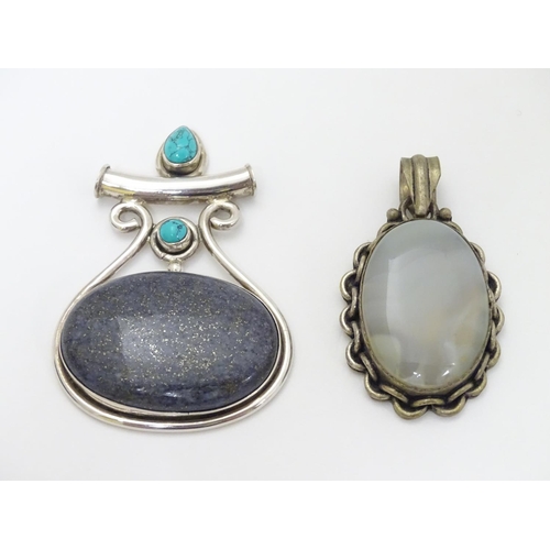 341 - A silver pendant set with large hardstone cabochon and two small turquoise cabochon, together with a... 