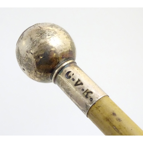 400 - Militaria: an early to mid 20thC Officer's swagger stick, of light malacca with silvered knop, beari... 