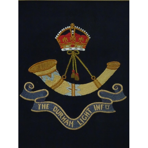 414 - Militaria : An early 20thC framed embroidered banner of the Durham Light Infantry , the insignia nee... 