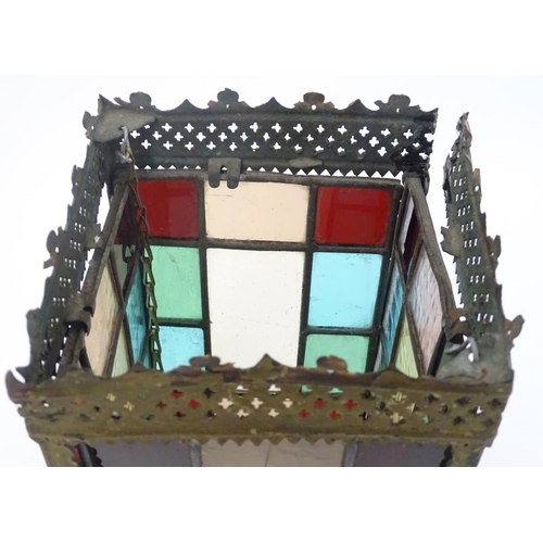 443 - Hall light  : a circa 1900 stained and leaded glass pendant lamp of squared shape , lamp 10 3/4'' hi... 