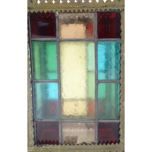 443 - Hall light  : a circa 1900 stained and leaded glass pendant lamp of squared shape , lamp 10 3/4'' hi... 