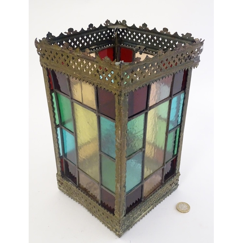 443 - Hall light  : a circa 1900 stained and leaded glass pendant lamp of squared shape , lamp 10 3/4'' hi... 