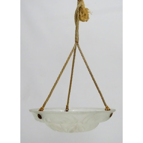 444 - Pendant Light : a French pendant ceiling light of Lalique style frosted form with moulded flower and... 