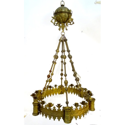 453 - Chandelier: a large Neo-Gothic circular, hanging, 2 stage brass pendant chandelier having 6 ornate s... 