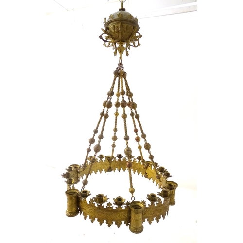 453 - Chandelier: a large Neo-Gothic circular, hanging, 2 stage brass pendant chandelier having 6 ornate s... 