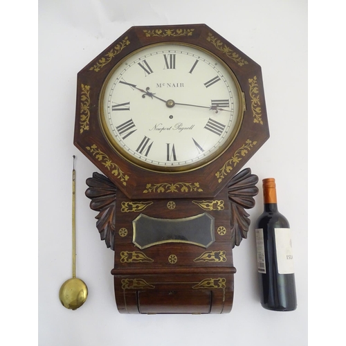 470 - A chisel point drop dial wall clock, signed McNair, Newport Pagnell, with octagonal brass inlaid wit... 