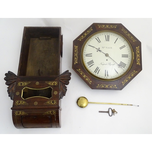 470 - A chisel point drop dial wall clock, signed McNair, Newport Pagnell, with octagonal brass inlaid wit... 