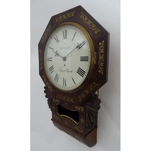 470 - A chisel point drop dial wall clock, signed McNair, Newport Pagnell, with octagonal brass inlaid wit... 