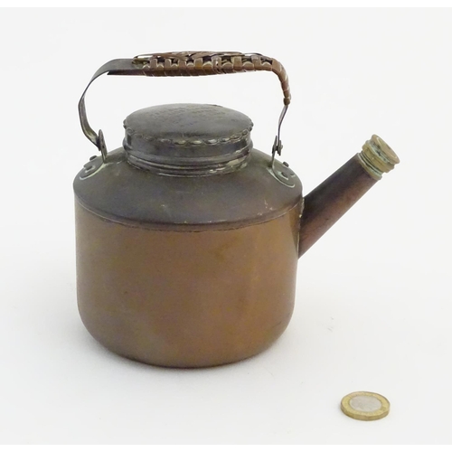 480 - Picnic Kettle: A small copper kettle with brass fitments and wicker wrapped handle. Marked '... Drew... 