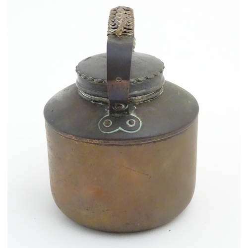 480 - Picnic Kettle: A small copper kettle with brass fitments and wicker wrapped handle. Marked '... Drew... 