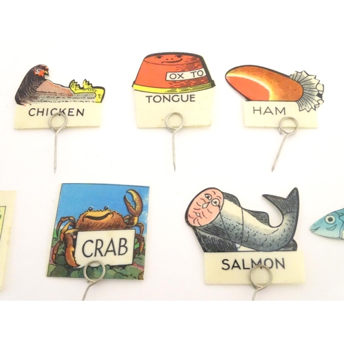 482 - An original circa 1950 box containing sandwich filling indicators/labels, to include lobster, salmon... 