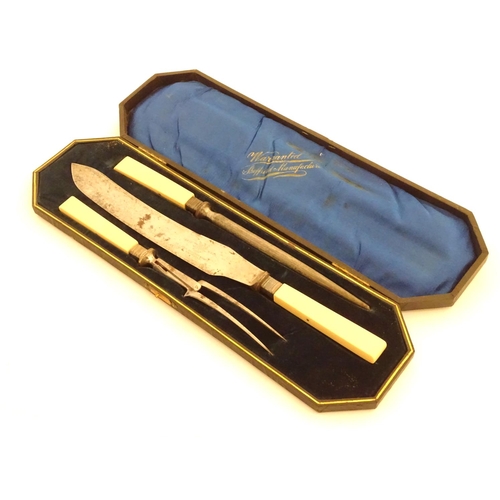 484 - A cased 3 piece  ' John McClory and Sons , Sheffield ' carving set , box 19 1/2'' long