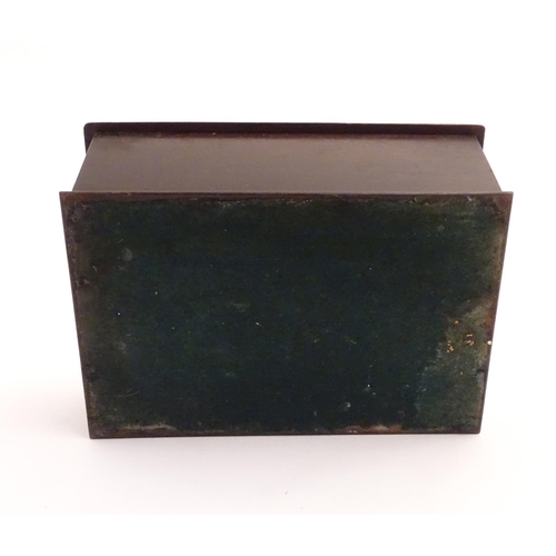 487 - An 18thC dark patinated and hinge lidded mahogany cutlery box with central handle flanked by two com... 